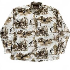 North River Outfitters VTG Men's L Cream Brown White-Tail Deer AOP Button-Up